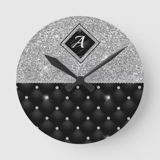 Stijlvol zwart ruitmonogram Crystal Silver Ronde Klok (Voorkant)