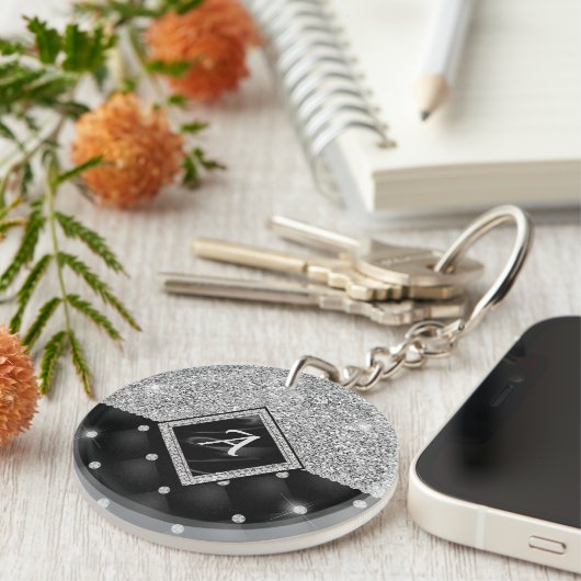 Stijlvol zwart ruitmonogram Crystal Silver Sleutelhanger (Voorkant Rechts)