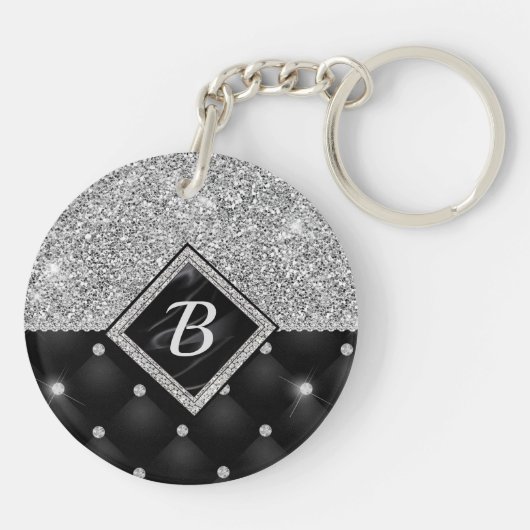 Stijlvol zwart ruitmonogram Crystal Silver Sleutelhanger (Achterkant)