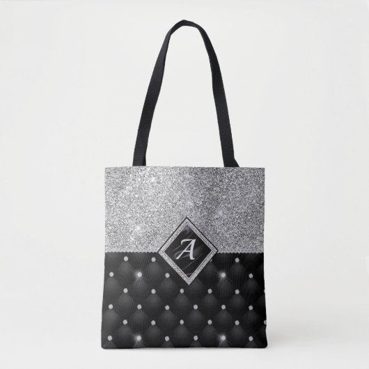 Stijlvol zwart ruitmonogram Crystal Silver Tote Bag (Voorkant)