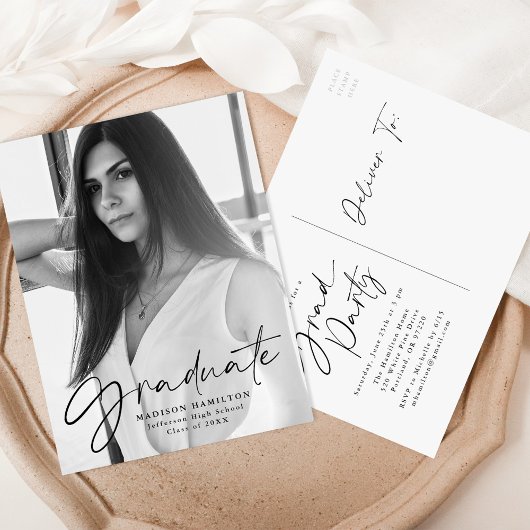 Stijlvol zwart script foto afstudeerfeest uitnodiging briefkaart