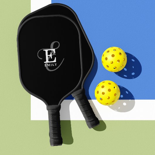 Stijlvol zwart script, monogram en naam pickleball paddle