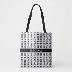 Stijlvol zwart sterrenpatroon & strepen op lichtgr tote bag