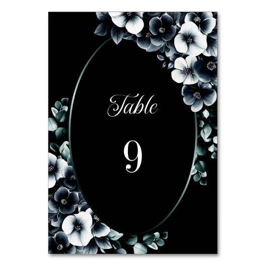 Stijlvol Zwart Wit Bloemen Trouwtafel Nummer Kaart (Achterkant)