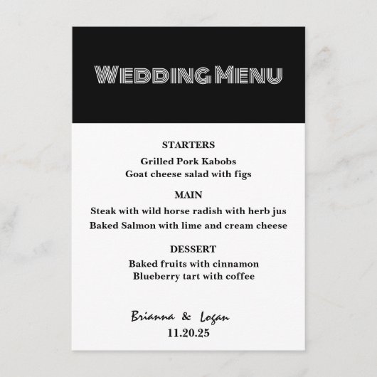 Stijlvol zwart & wit bruiloft menu (Voorkant)
