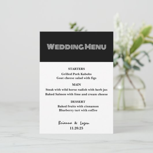Stijlvol zwart & wit bruiloft menu (Staand voorkant)