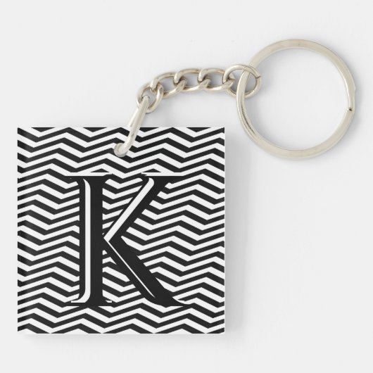 Stijlvol zwart wit Chevron Stripe Monogram Aangepa Sleutelhanger (Achterkant)