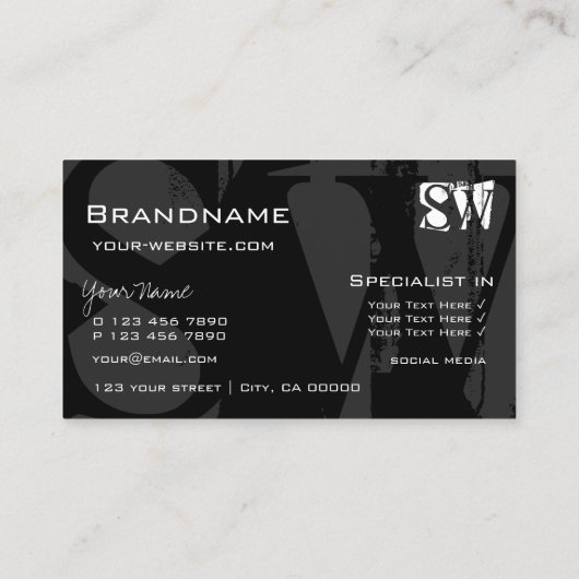 Stijlvol zwart wit en grijs met Initialen modern Visitekaartje (Achterkant)