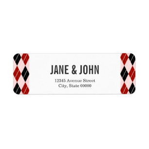 Stijlvol zwart-wit en rood argyle-patroon etiket