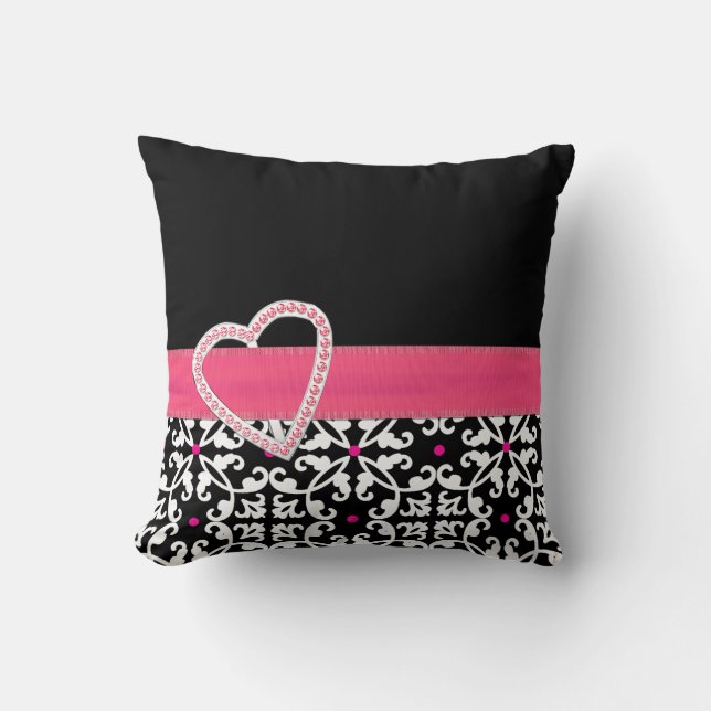 Stijlvol zwart, wit en roze Damask Pillow Kussen (Voorkant)
