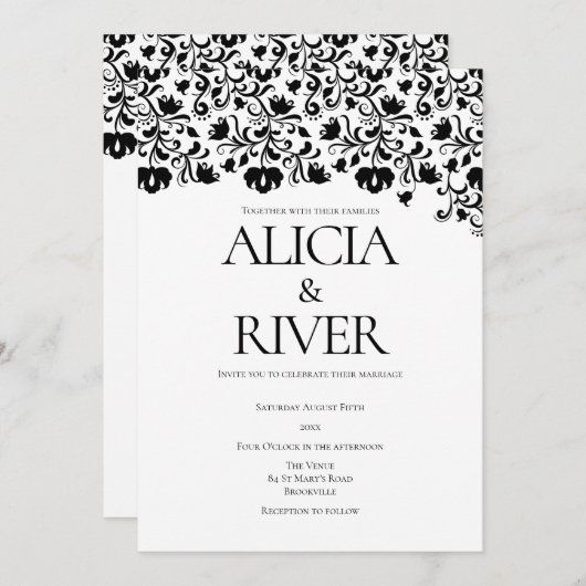 Stijlvol zwart-wit Floral bruiloft Kaart (Voorkant / Achterkant)