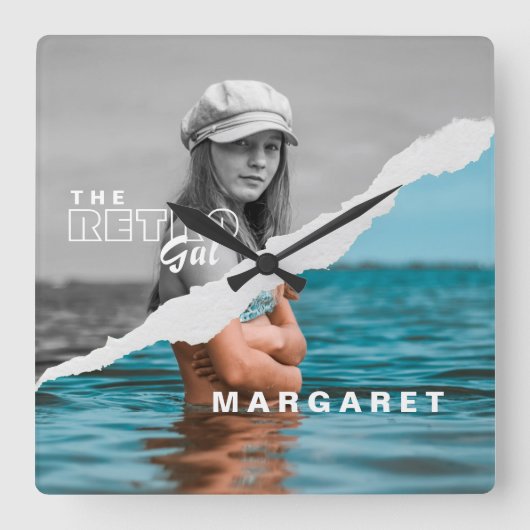 Stijlvol zwart-wit fotobeeldscherm Retro Vierkante Klok (Voorkant)