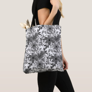 Stijlvol zwart-wit grijs/wit Floral patroon Tote Bag