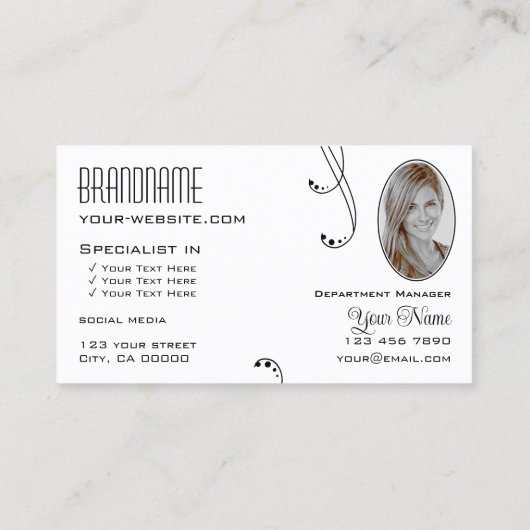 Stijlvol zwart wit met monogram en foto visitekaartje (Achterkant)