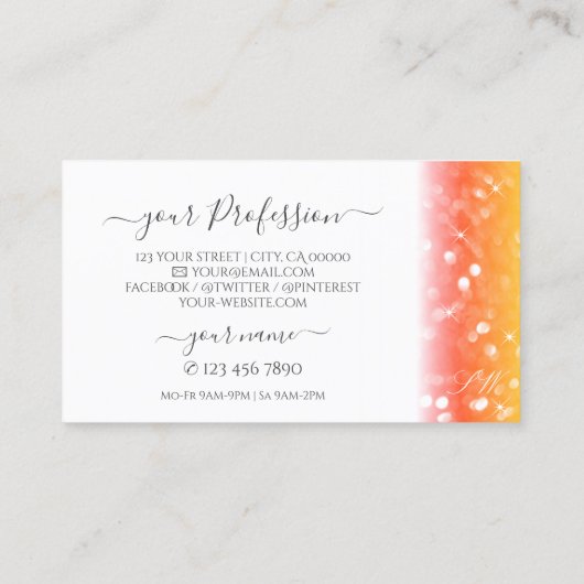 Stijlvol zwart-wit mousserend glitter-monogram visitekaartje (Achterkant)