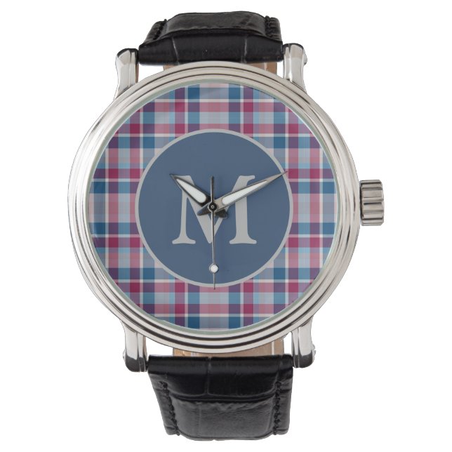 Stijlvol zwart-wit rood en blauw geplakt monogram horloge (Voorkant)