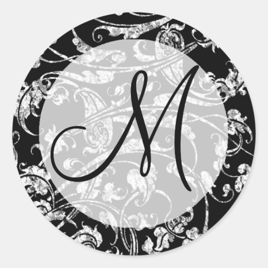 Stijlvol zwart-withuwelijk Damask Monogram Design Ronde Sticker (Voorkant)