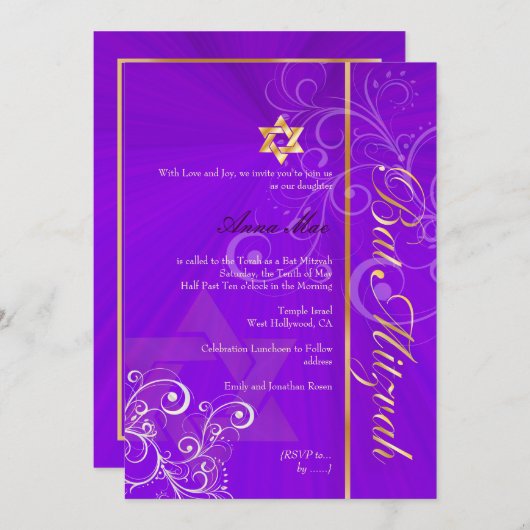 Stijlvol zwoerd Bat Mitzvah/indigo/goud Kaart (Voorkant / Achterkant)