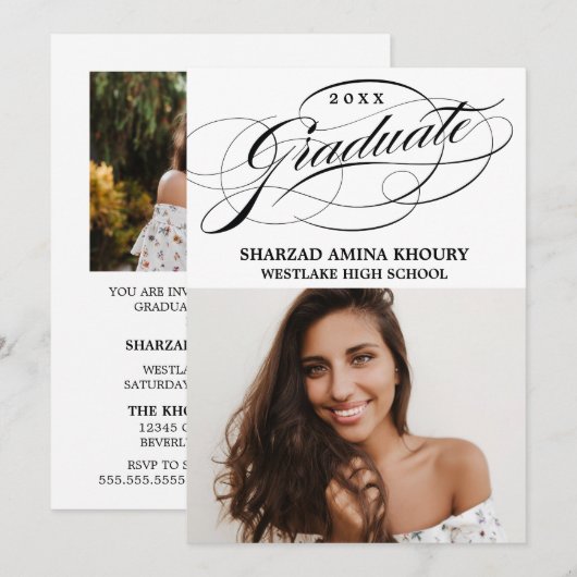 STIJLVOLE ELEGANTE SCRIPT 2 AFSTUDEERFEEST UITNODI KAART (Voorkant / Achterkant)