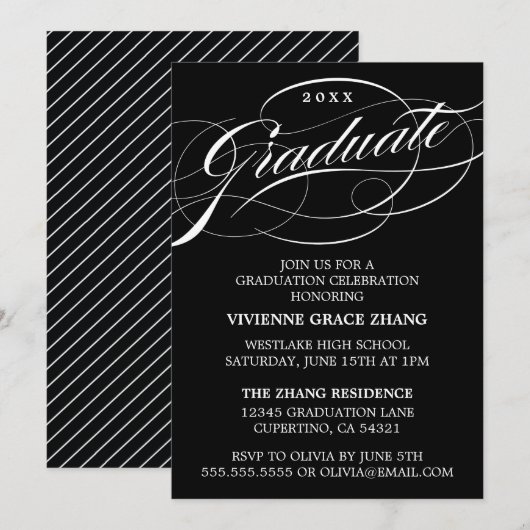 STIJLVOLE ELEGANTE SCRIPT AFSTUDEERFEEST UITNODIGI KAART (Voorkant / Achterkant)