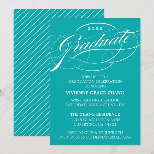 STIJLVOLE ELEGANTE SCRIPT AFSTUDEERFEEST UITNODIGI KAART (Voorkant / Achterkant)