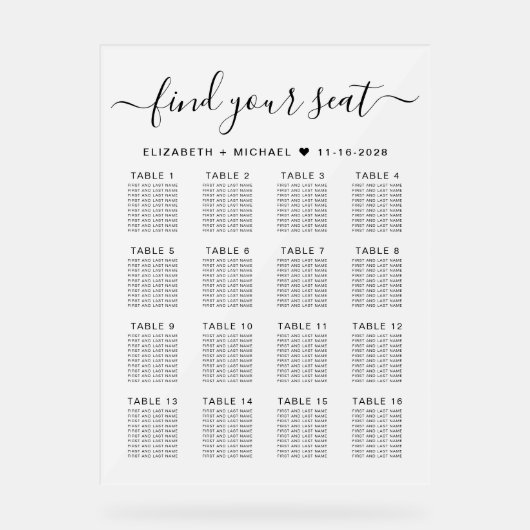 Stijlvolle 16 Tafel Bruiloft Zitje Frosted Acryl Bord (Voorkant)