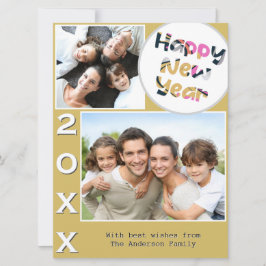 Stijlvolle 2 foto geel Gepersonaliseerd Gelukkig N Feestdagenkaart