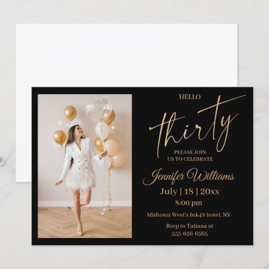 Stijlvolle 30e verjaardag zwart goud script foto kaart (Voorkant / Achterkant)