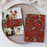 Stijlvolle 3 foto Bourgondië rood vrolijk kerstfee Feestdagenkaart<br><div class="desc">Dit collectie is voorzien van waterverf rode bloemen,  bessen & wintergroen met een moderne en elegante typografie,  met een winterbotanische patroonrug.</div>