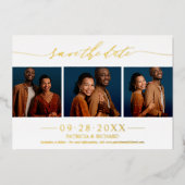 Stijlvolle 3 foto's Weddenschap sparen de datum Folie Uitnodiging (Voorkant)