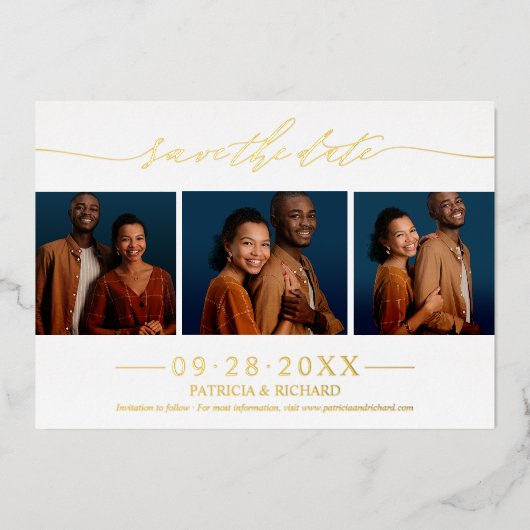 Stijlvolle 3 foto's Weddenschap sparen de datum Folie Uitnodiging (Voorkant)