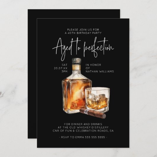 Stijlvolle 40e verjaardag Invite Man - Whiskey The Kaart (Voorkant / Achterkant)