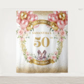 Stijlvolle 50e verjaardag Blush Flowers Gold Glitt Wandkleed (Voorkant)