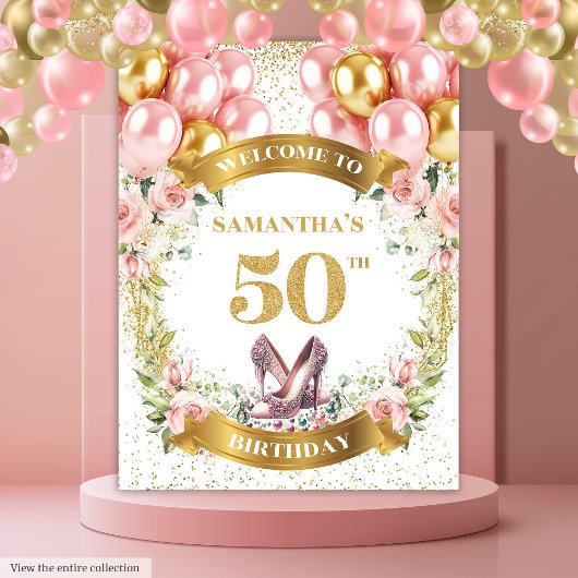 Stijlvolle 50e verjaardag Blush Flowers Gold Glitt Wandkleed