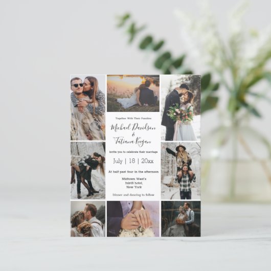 stijlvolle 8 foto's collage moderne trouwkaart (Staand voorkant)