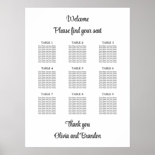Stijlvolle 9 Tafel Bruiloft Zitplaatskaart Poster (Voorkant)