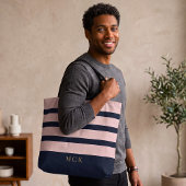 Stijlvolle aangepaste monogram navy & blush gestre tote bag