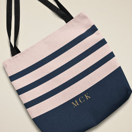 Stijlvolle aangepaste monogram navy & blush gestre tote bag