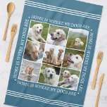 Stijlvolle aangepaste tekst fotocollage honden bla theedoek<br><div class="desc">Creëer een handige, gepersonaliseerde keukenhanddoek met negen gekoesterde foto's, omlijst door de hartverwarmende boodschap: "Thuis is waar mijn honden zijn." Deze stijlvolle sjabloon is voorzien van een fotocollage gerangschikt in een rasterformaat en traditionele stijlbelettering. Tekst kan worden aangepast aan uw foto's. Perfect voor foto's van familie, vrienden, kinderen of huisdieren,...</div>