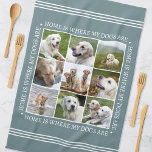 Stijlvolle aangepaste tekst fotocollage honden gri theedoek<br><div class="desc">Creëer een handige, gepersonaliseerde keukenhanddoek met negen gekoesterde foto's, omlijst door de hartverwarmende boodschap: "Thuis is waar mijn honden zijn." Deze stijlvolle sjabloon is voorzien van een fotocollage gerangschikt in een rasterformaat en traditionele stijlbelettering. Tekst kan worden aangepast aan uw foto's. Perfect voor foto's van familie, vrienden, kinderen of huisdieren,...</div>