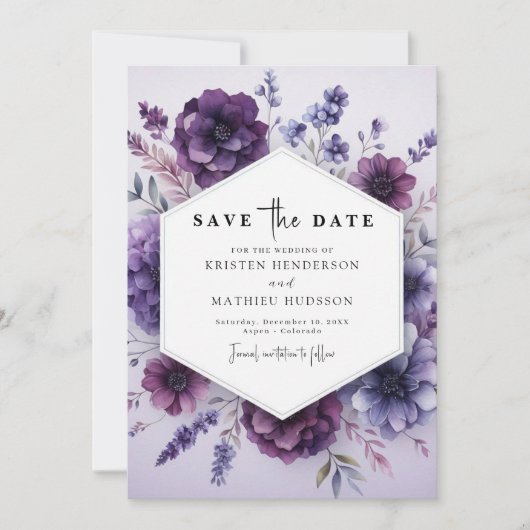 Stijlvolle afdrukbare Paarse Floral Wedding Save The Date (Voorkant)