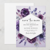 Stijlvolle afdrukbare Paarse Floral Wedding Save The Date (Voorkant / Achterkant)