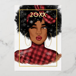 Stijlvolle Afro-Amerikaanse Buffalo Plaid Kerstmis Folie Feestdagenkaart