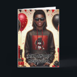 Stijlvolle Afro-Amerikaanse jongen zwart/rood verj Kaart<br><div class="desc">Vier met stijl! Op ons verjaardagsfeestje staat een wenskaart van een vrolijke Afro-Amerikaanse jongen met een sprankelend zwart en rood sweatshirt, een zwarte spijkerbroek en een luxueuze zonnebril. Hij staat tussen grote zwarte en rode geschenkdozen, confetti en ballonnen. Voorste teksten staat 'Verjaardagsgedrag'. Pas uw speciale groet op de achterkant aan....</div>