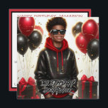 Stijlvolle Afro-Amerikaanse jongen zwart/rood verj Kaart<br><div class="desc">Vier met stijl! Op ons verjaardagsfeestje staat een wenskaart van een vrolijke Afro-Amerikaanse jongen met een sprankelend zwart en rood sweatshirt, een zwarte spijkerbroek en een luxueuze zonnebril. Hij staat tussen grote zwarte en rode geschenkdozen, confetti en ballonnen. Voorste teksten staat 'Verjaardagsgedrag'. Pas uw speciale groet op de achterkant aan....</div>