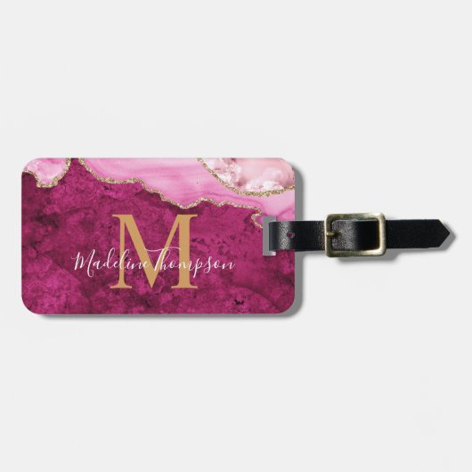 Stijlvolle agaat geode roze magenta monogram bagagelabel (Voorkant horizontaal)