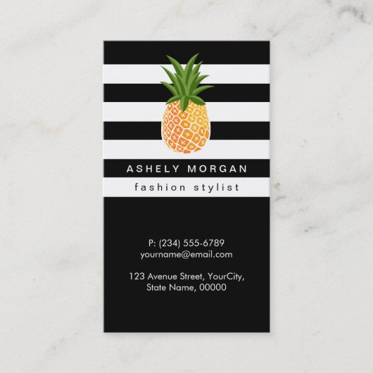 Stijlvolle anananas met zwarte witte strepen visitekaartje (Voorkant)