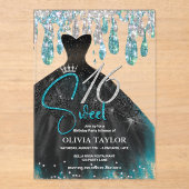 Stijlvolle aqua blauwe zwarte jurk zoet 16 monogra acryl uitnodigingen (Voorkant)