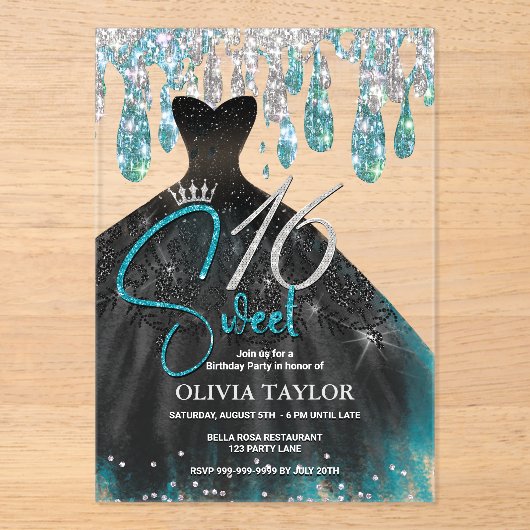 Stijlvolle aqua blauwe zwarte jurk zoet 16 monogra acryl uitnodigingen (Voorkant)