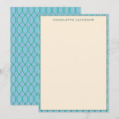 Stijlvolle Aqua Blue Geometric Border Aangepast Notitiekaartje (Voorkant / Achterkant)
